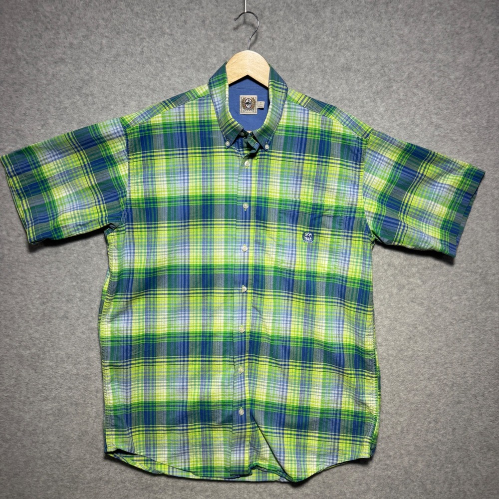 Cinch Mens Plaid Button Down Shirt Green‎ Blue Short Sleeve Logo Pocket Medium